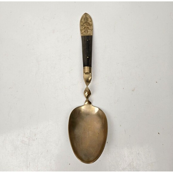 Vintage Large Serving Fork & Spoon Buddha Bronze Brass Rosewood Siam Thailand 10 - Picture 10 of 11